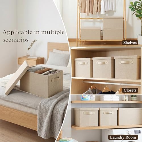 Fabric Storage Bins with Lids, Heavy Duty Collapsible Organizer Bins for Shelves, Stackable Closet Woven Baskets with Handles, 25L Rectangle Boxes for Bedroom Office, Cube Home Decor (Beige 2 Pack) - Image 5