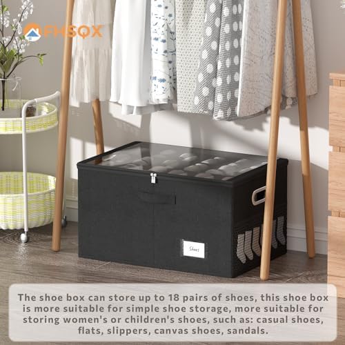 Shoe Organizer for Closet, Shoe Box Storage Containers Fit 18 Pairs Foldable Shoe Storage Bins with Clear Cover & Adjustable Dividers for Shoes Blankets Linen Clothing (Black, (24.4*16.5*12.9)x1) - Image 2