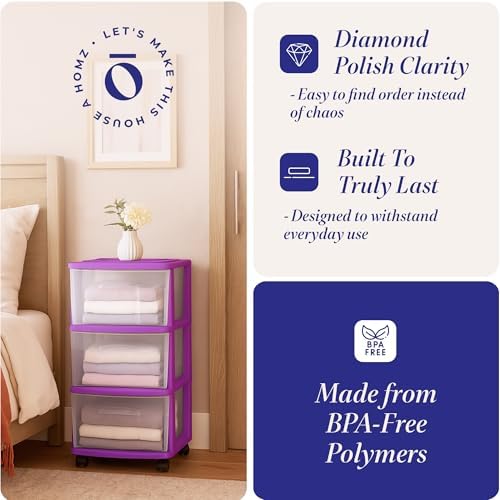HOMZ Drawer Tower, 3-Tier Storage Cart w/Removable Wheels, Purple, 2 Pack - Image 5