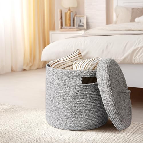 Storage Basket with Lid, Woven Blanket Storage for Living Room, Soft Cotton Rope Bin with Lid, Round Wicker Laundry Basket with Cover, Lidded Kid Dog Toy Box, Nursery Organizer, 15"x13", Gray - Image 7