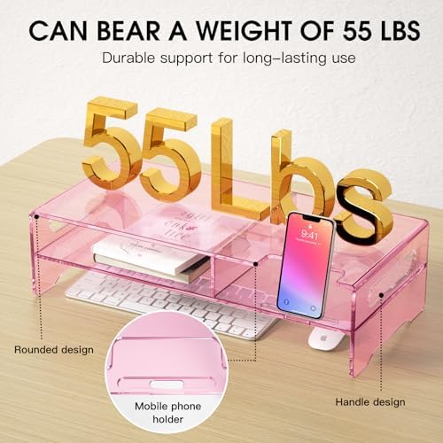 Pink Acrylic Monitor Riser, 2-Tier Desk Computer Stand With Storage & Phone Holder - Image 5