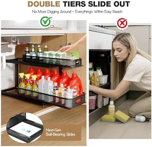 2-Pack 21.3 IN Depth Under Sink Organizer With Next-Gen Ball-Bearing Slides,Sophisticated Mesh 2-Tier Pull Out Shelf for Kitchen & Bathroom,Fits Small Items-Black - Image 4