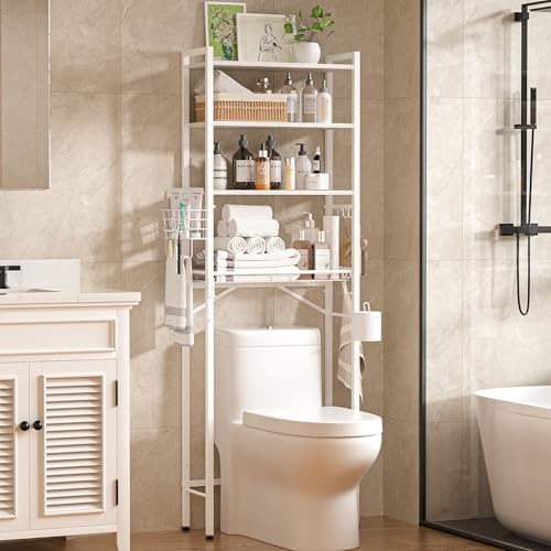 TETOTE Over-The-Toilet Storage Rack, 4-Tier Bathroom Organizer Shelf Over Toilet with Adjustable Shelf and Basket, Freestanding Space Saver Bathroom Shelves Above Toilet for Room(White) by TETOTE