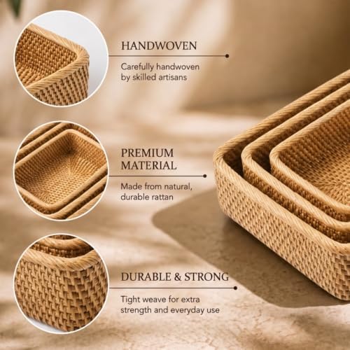 Yangqihome Natural Rattan Storage Baskets, Rectangular Woven Fruit Baskets, Decorative Wicker Basket Large Baskets for Organizing (L) - Image 5