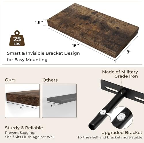 RICHFOCUS Bathroom Floating Shelves for Wall 2Pack|Rustic Brown|16" L - Image 3