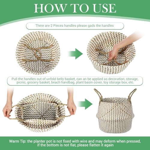 Qunclay 4 Pack Woven Seagrass Baskets Belly Basket Folding Boho Plant Pot with Handles Round Decorative Wicker Large Indoor Planter for Home Outdoor Tree Planters Decor(Natural, White) - Image 4