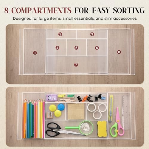 4pack Shallow Expandable Drawer Organizer, Adjustable 12.5”–20” Clear Plastic Drawer Organizer Tray for Vanity Bathroom Desk Kitchen Drawers, Multi Compartment Storage - Image 4