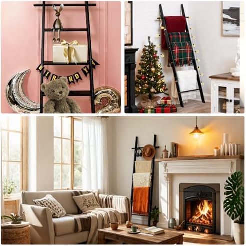 Farmhouse Wooden Blanket Ladder with Removable Hooks Black 6-Tier - Image 4