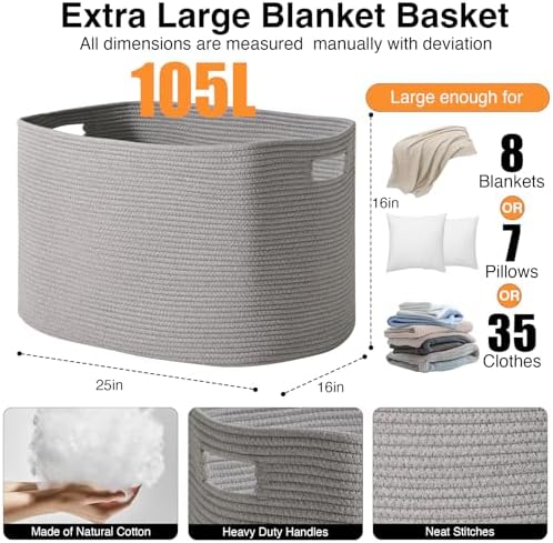ICERZCZ Large Grey Storage Basket, Blanket Baskets for Living Room, Large Toy Basket for Storage, Woven Cotton Rope Baskets for Blankets, Clothes, Shoes, Books, Grey, 25”x16”x16” (105L) - Image 2