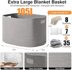 ICERZCZ Large Grey Storage Basket, Blanket Baskets for Living Room, Large Toy Basket for Storage, Woven Cotton Rope Baskets for Blankets, Clothes, Shoes, Books, Grey, 25”x16”x16” (105L) - Image 2