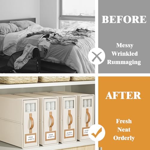 3 Pack Foldable Bed Sheets Set Organizers and Storage(King & Queen Size),Linen Fabric Closet Organizers with Window,Folding Bedding Storage Box for Bedsheets and Pillow Cube Organizer-Beige - Image 2