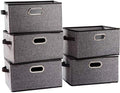 PRANDOM Large Collapsible Storage Baskets for Closet [5-pack] Decorative Fabric Storage Bins Cubes with Leather/Metal Handles for Shelves Bedroom Living Room Grey (14.9x9.8x8.3 Inch) by Prandom