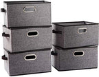 PRANDOM Large Collapsible Storage Baskets for Closet [5-pack] Decorative Fabric Storage Bins Cubes with Leather/Metal Handles for Shelves Bedroom Living Room Grey (14.9x9.8x8.3 Inch) by Prandom
