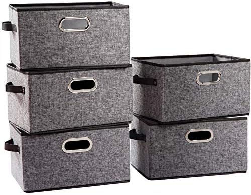 PRANDOM Larger Collapsible Storage Bins for Closet [5-pack] Decorative Linen Fabric Storage Baskets Cubes with Leather/Metal Handles for Living Room Grey (17.3x12.2x10.4 Inch) by Prandom