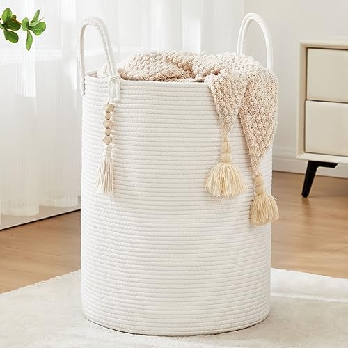 Fiona's magic Woven Laundry Hamper, 72L Tall Blanket Storage-White by Fionasmagic