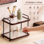 2-Tier Bathroom Counter Organizer with Transparent Stripe Acrylic Shelves, Brown Wood Frame and Black Metal Support, Rustproof Vanity Storage Rack for Skincare Cosmetics and Toiletries - Image 3