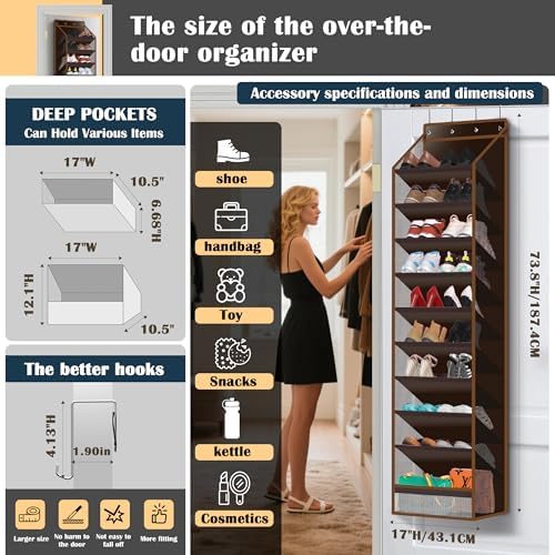 10 - Pocket Over - the - Door Hanging Shoe Organizers & Rack, Made of Sturdy 600D Oxford + Non - Woven Fabric, Space - Saving Storage for Shoes, Boots & More (Dark coffee color) - Image 2