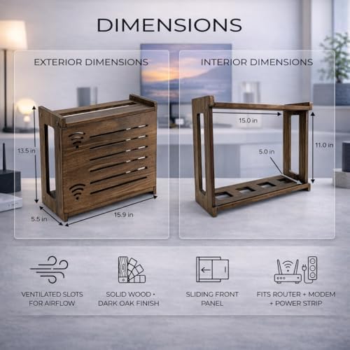 Router Box Hider, Router Shelf WiFi Box Hider, Wooden WiFi Storage Cabinet with Sliding Panel, Vented Back, Cable Management, Modem Cover, Cords & Power Strip, Wall Mount or Tabletop (Dark Oak) - Image 2