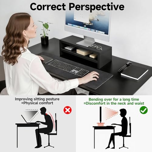 Wooden Monitor Stand Riser, 2-Tier Desk Shelf with Storage Organizer, Ergonomic Computer Stand, Storage Organizer for Laptop, Computer, Black, 15.7 Inch - Image 4