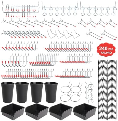 240PCS Pegboard Hooks Assortment, Pegboard Accessories Organizer Kit with Pegboard Bins, Pegboard Cups, 1/8 and 1/4 inch Peg Board Hooks for Hanging Tools, Garage Pegboard Wall Organization by FALPRO