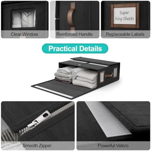 6 Pack Foldable Bed Sheets Set Organizers and Storage(Cal King Size),Linen Fabric Closet Organizers with Window,Folding Bedding Storage Box for Bedsheets and Pillow Cube Organizer-Black - Image 5