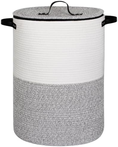 Laundry Basket with Lid, 15"x20" Tall Woven Blanket Storage for Living Room Bedroom, Round Baby Nursery Hamper with Zipper, Toy Bin, Large Cute Covered Clothing Basket for Towels, Shoes, Gray by Unknown