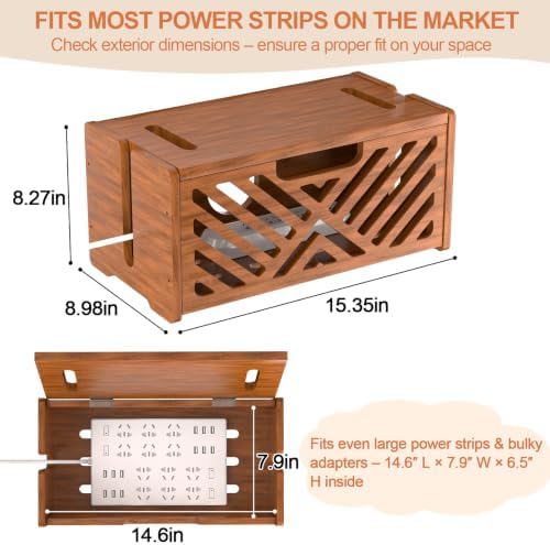 Extra Large Wooden Cable Management Box, 15.35 x 8.98 x 8.27 inches, Cord Hider Box with Cable Slots, Cable Organizer Box to Hide Power Strips, Surge Protector, Extension Cords for Desk & Floor - Image 2