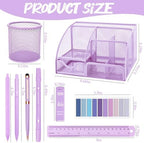 Purple Desk Accessories, 17Pcs Purple Office Supplies Set with Stapler, Mesh Desk Organizer, Tape Dispenser, Staple Remover, Pen Holder, Clips, Pens, Ruler, for Office Home School Women Students Gift - Image 2