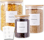 3 Pcs Glass Canisters with Airtight Bamboo Lids and 42 Kitchen Pantry Labels Preprinted - Clear Glass Flour and Sugar Storage Container Set - Large Glass Jars with Wood Lids(100 OZ/54 OZ/27 OZ) by HHMJSM