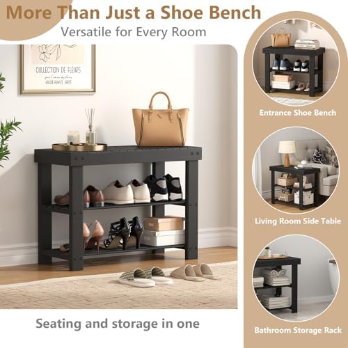 NEWBULIG Shoe Rack Bench, 3-Tier Bamboo Organizer, 11x28x18in, Black - Image 4