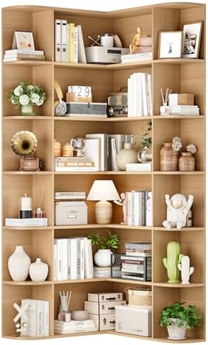 FOTOSOK 72" Tall Corner Bookshelf, 6-Tier Bookshelf and Bookcase, Natural - Image 6
