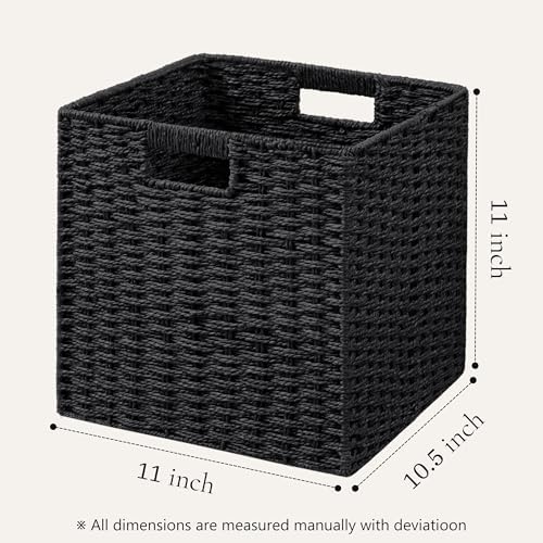 UBBCARE 2 Pack Wicker Basket, 11L×11H×10.5W inch Woven Paper Rope Storage Baskets for Shelves, Foldable Cube Storage bin with Handle, Storage Basket for Organizing & Decor, Black - Image 2