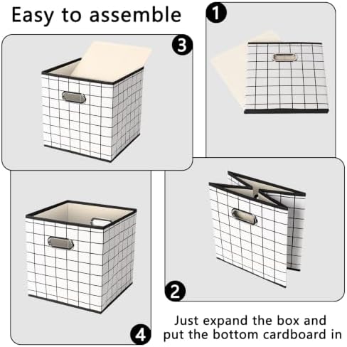 Fabric Cubby Storage Bins,13x13x13 Inches,Cube Organizer Bin Foldable Storage Boxes with Dual Handles Fabric Organizer Box and collapsible Storage basket,Set of 3,White grid - Image 6