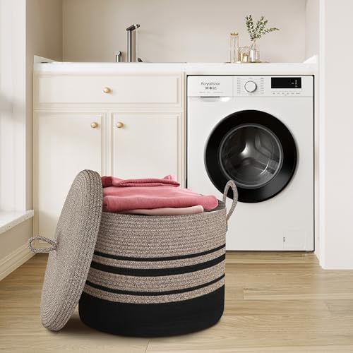 Extra Large Woven Basket with Lid, 18" X 14" Wicker Blanket Storage Basket Living Room, Tall Rope Storage Baskets for Toys, Decorative Kids Toy Bin Box with Cover, Baby Laundry Basket Hamper - Image 4