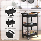 Steehoom 3-Tier Utility Rolling Cart with Cover Top Board, Mobile Utility Cart with Lockable Casters Multi-Functional Storage Trolley for Office, Bathroom, Kitchen, Garden, Laundry Room (Black) - Image 2