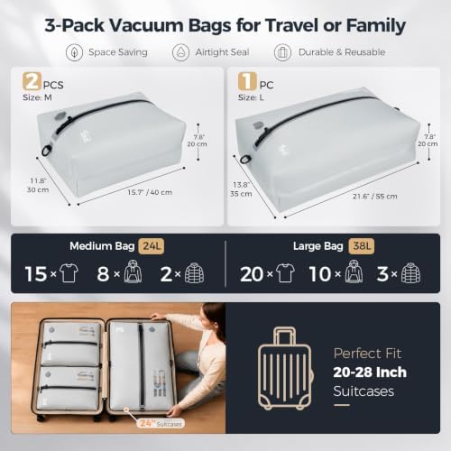 3PCS Vacuum Bags for Travel with Pump, Reusable, Waterproof, Grey - Image 2