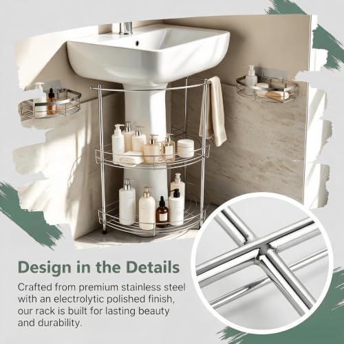 2027 New Pedestal Sink Organizer, 2-Tier Freestanding Stainless Steel Rack - Image 3