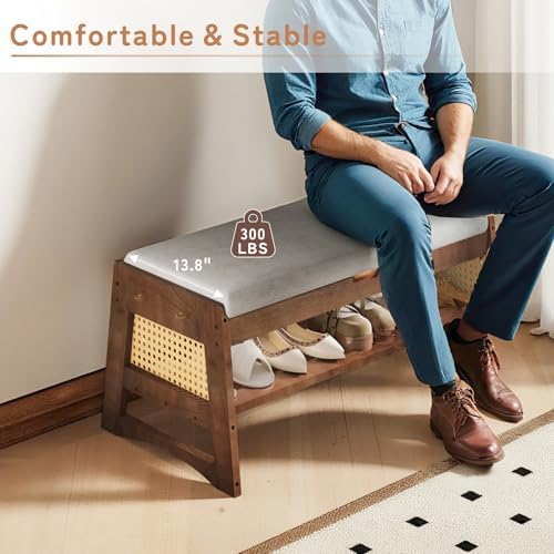 Shoe Rack Bench with Flip-Top Storage, 35.4" W x 15.7" H Solid Wood Entryway Bench Shoe Organizer with Cushion Side Hooks for Front Door Entrance Hallway Foyer Closet Living Room Bedroom - Image 4