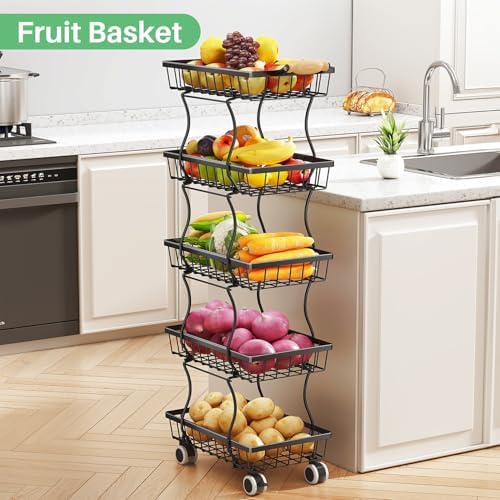 SAYZH 5-Tier Fruit Basket Stand with Vegetable Baskets for Kitchen, Black - Image 5