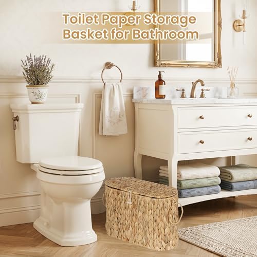 efluky Toilet Paper Storage Basket, Water Hyacinth Slim Toilet Paper Holder with Lid- Holds Up to 9 Mega Rolls, Home Bathroom Decor Organizer - Image 4
