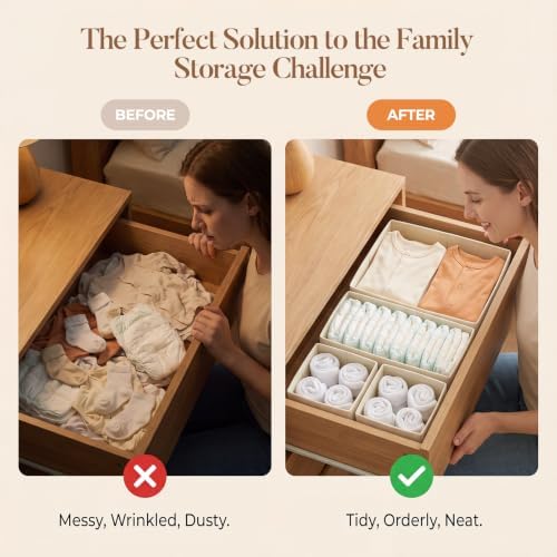 Drawer Organizer Storage for Clothes, Socks, 21 Pack, Beige - Image 4
