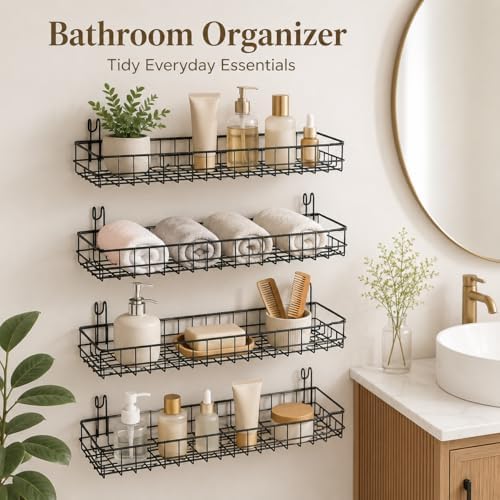 4 Pcs Metal Grid Wall Baskets with Hooks, 15.75 x 3.94 x 1.97 Inch Grid Wall Shelves Hanging Wire Basket Multi Function Storage Organizer for Kitchen Organizing Display (Black) - Image 5