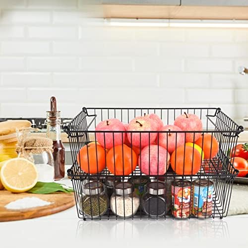 Set of 2 Stackable XXL Wire Baskets For Pantry Storage and Organization -16x12in Large Metal Food Baskets -Vegetable,Fruit,Potato,Onio, Pantry Storage Bins With Handles (Black, XXL) - Image 3