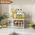 KLM Pull Out Spice Rack Organizer for Cabinet,Rustic Wood Top with Wire Basket Storage,Kitchen Countertop Organizer and Storage for Pantry, Counter top,Coffee Station Wood. (Natural) - Image 6