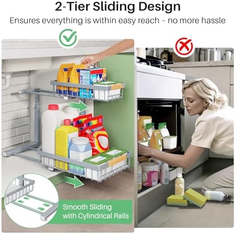 Kitstorack Under Sink Organizer, 2 Tier Under the Sink Storage, Slide out Pull out Cabinet Organizer Shelf, Metal Sliding Drawer for Kitchen Bathroom Pantry Closet Organization Rack, Grey, 1 Pack - Image 6
