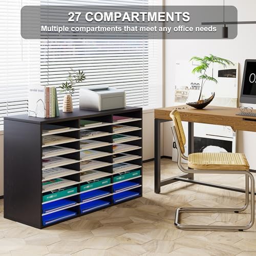 PAG-Mass Mail Sorter Organizer, Wood Literature Organizer, Student Mailbox for Classroom, Desktop Bill Paper Organizer for Office Home School, 27 Compartments, Black&White - Image 2