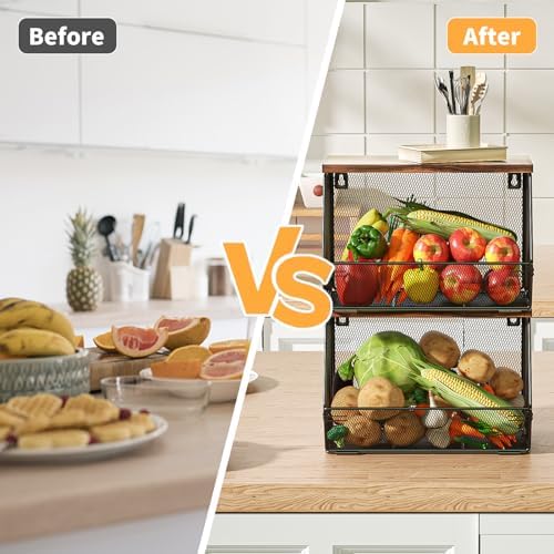 2 Tier Fruit Basket for Kitchen Counter, Stackable Onion and Potato Storage Basket, Wall Mounted Wire Basket with Wood Lid, Hanging Kitchen Storage Vegetable Organizer, 11.8 x 7.1 x 8.6 Inch - Image 2