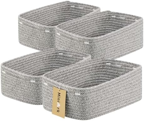 MiniArk Small Storage Baskets for Organizing | Closet Organizer Bins | Shelf Toy Basket | Woven Rope Baskets | Cube Decorative Box | Shallow Basket | 13x8.5x5.1” | 4 Packs Mixed Grey by MiniArkStorageBasketsHome
