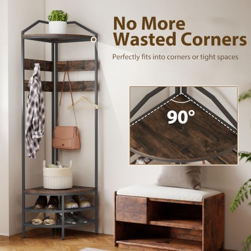 HOMCOM Corner Hall Tree, 4-Tier Coat Rack with Shoe Storage, Rustic Brown - Image 4