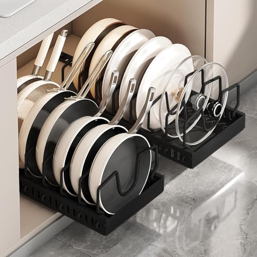AmoiChic 2 Pack Pull Out Cabinet Organizer for Pots and Pans, Black Storage Rack with 8 Adjustable Dividers, Kitchen Cabinet Organizer for Pot Lids, Bakeware, Dishes Storage by AMOICHIC